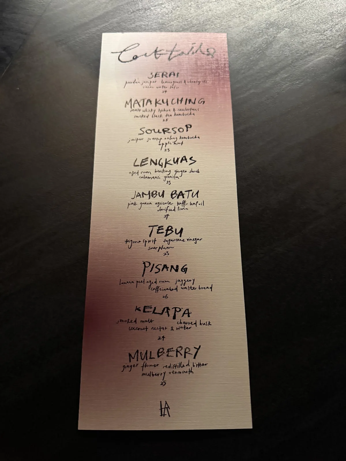 Handwritten paper menu