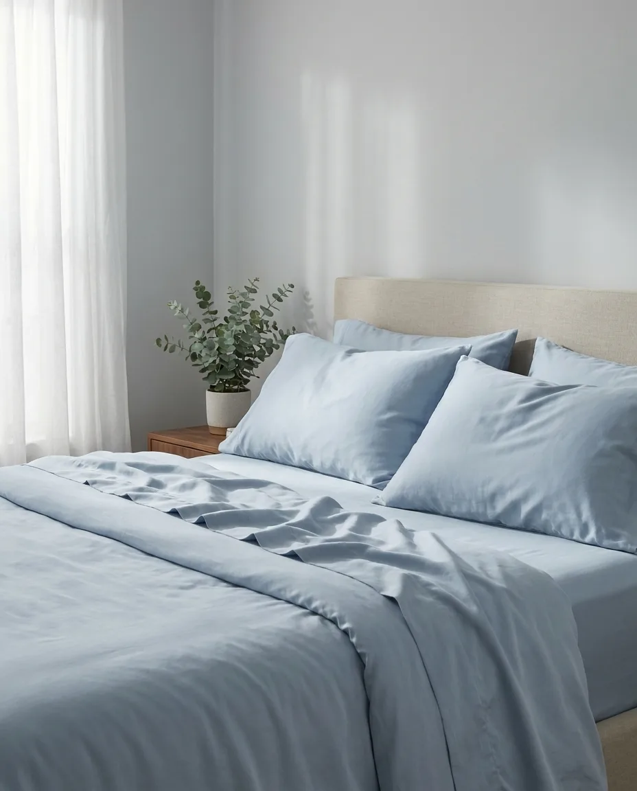 Powder blue bedding, sheer curtains